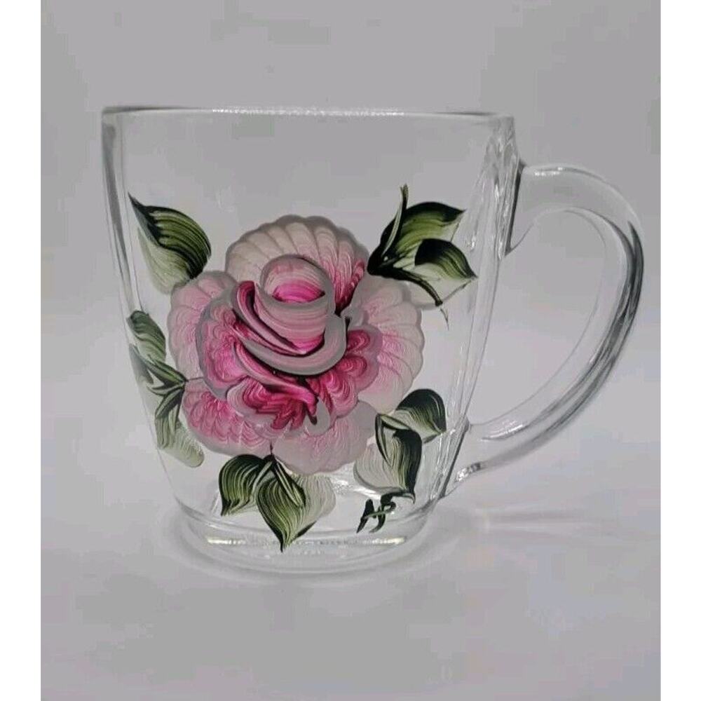 Hand-Painted Dark Pink Rose Floral Large Glass Coffee Tea Mug Signed